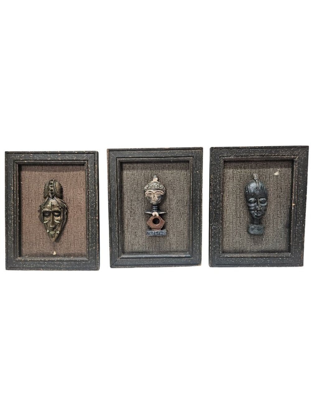 Vintage African Style Wall Plaques Set 3 Framed Tribal Mask Decor Hieroglyphic